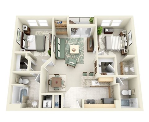 Floor plan for 2 beds, 2 baths, 969 sqft